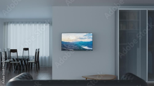 Moscow, Russia - March 25 2023: One TV in different rooms, CG