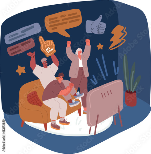 Cartoon vector illustration of Young couple waching movie on tv. Self isolation at home at night.