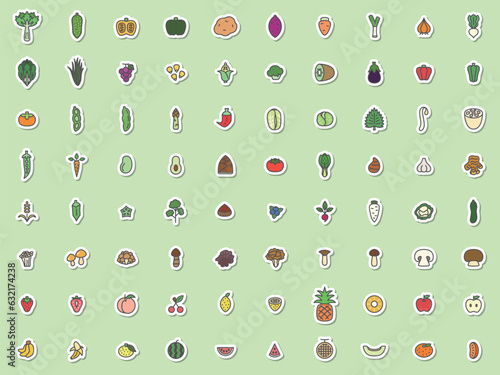 ステッカー風のシンプルな野菜と果物とキノコのイラストアイコンセット