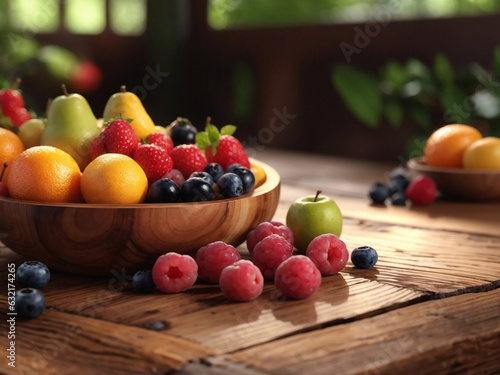 Fruit on the wooden table  Tableside Delights  Imagine the joy of reaching for these delectable fruits right at your own tableside. Created with ai.