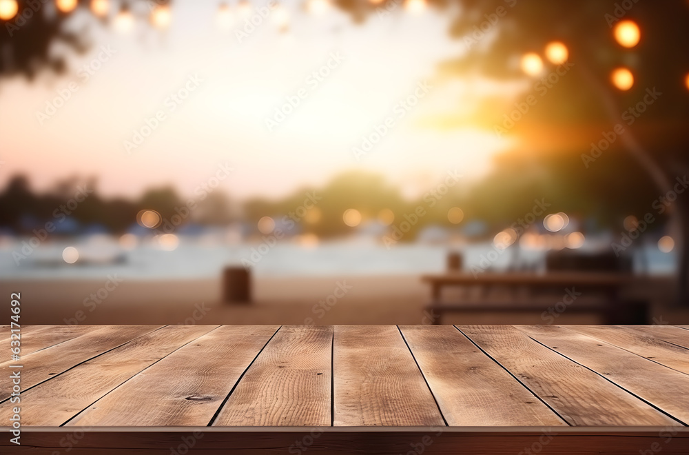 Wooden table and blur beach cafes background with bokeh lights. High quality photo.Generative AI. Wooden table and blur beach cafes background with bokeh lights. High quality photo.Generative AI.