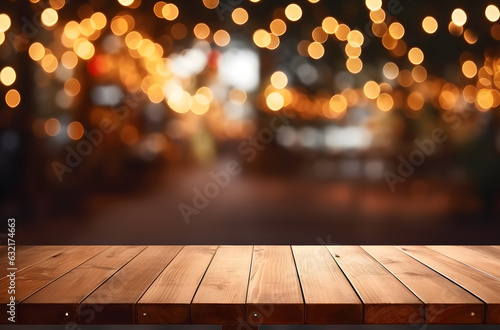 Empty wooden table and bokeh lights blurred outdoor cafe background. High quality photo.Generative AI.