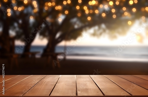 Wooden table and blur beach cafes background with bokeh lights. High quality photo.Generative AI.