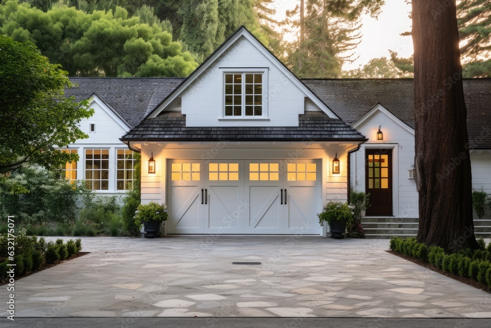 White garage door with a driveway in front.