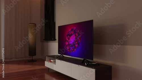 Moscow, Russia - March 25 2023: Big TV in the room, CG
