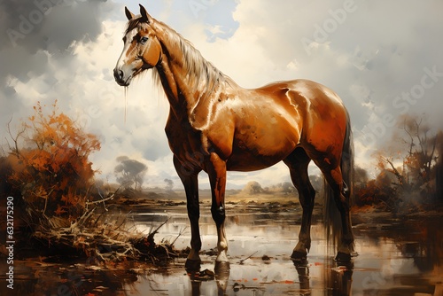 Painting horse in a field, generative ai © progressman