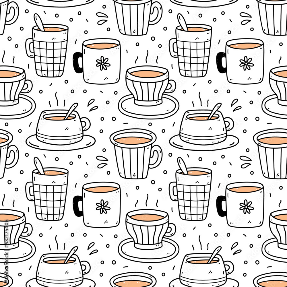 Cute seamless pattern with coffee and tea cups. Vector hand-drawn illustration in doodle style. Perfect for print, menu, wrapping paper, wallpaper, various designs.