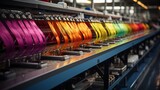 a row of colorful weaving machines in a large warehouse.
