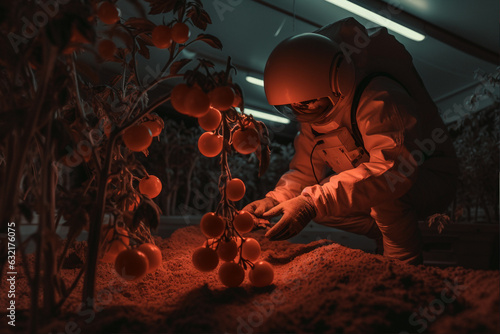 Astronaut planting tomato plants. Planet Mars colonization concept. 