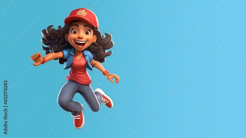 Happy Indian girl wearing hat jumping, copy space for text.