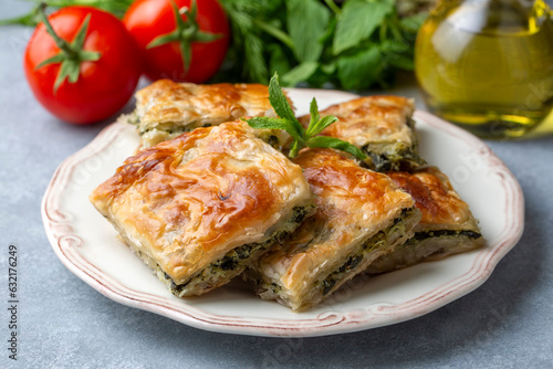 Greek cuisine; Spinach Tart or Spinach Pie. Turkish name; ispanakli borek or ispanakli tart