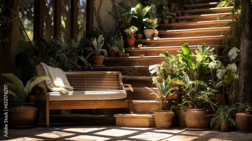 A staircase leading up to a potted plant on a landing.