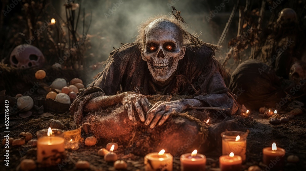rise from the grave: a harrowing tale of a zombie's emergence from the cold earth of a cemetery tomb, surrounded by dimly lit candles, on a chilling halloween night. Ai Generated
