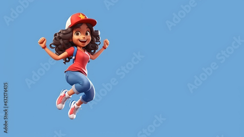 Happy Indian girl wearing hat jumping, copy space for text.