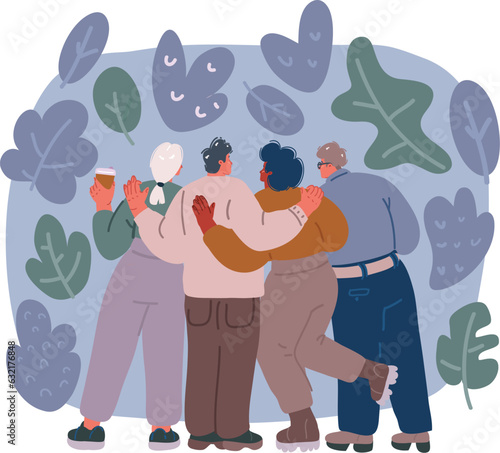 Vector illustration of Back view of yong people stay together. Rear view.