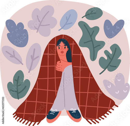 Vector illustration of Lonely woman sitting under blanket. Woman is cold and she has chills
