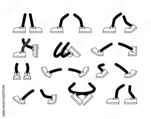 Retro cartoon feet in different poses. Cartoon legs in shoes. Comic funny character mascot foot in boot, leg standing, walking, running, jumping. Vector illustration
