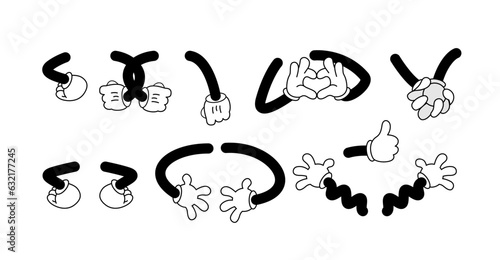 Retro cartoon arms gestures and hands poses. Comic funny character hands in glove. Vector illustration
