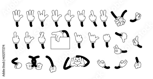 Big set of retro cartoon arms gestures and hands poses. Comic funny character hands in glove. Vector illustration