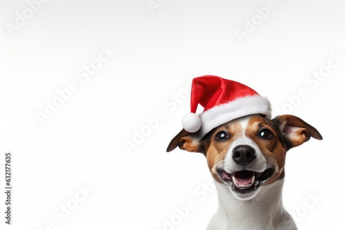 cute dog wearing santa hat on white background, AI Generated © dark_blade
