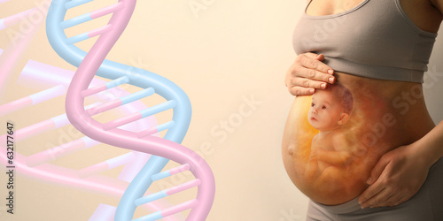 Noninvasive prenatal testing (NIPT). Double exposure of pregnant woman and little baby, banner design. Illustration of DNA structure on beige background photo