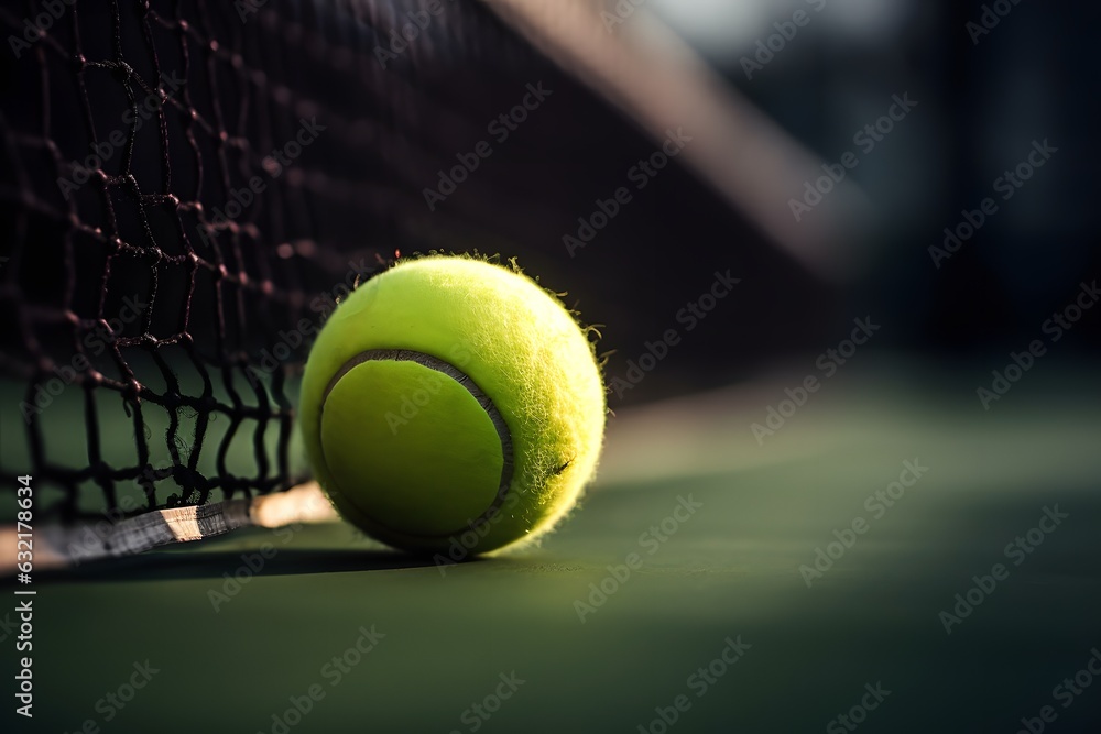 Detail view of bright yellow tennis ball on hard tennis court near tennis net closeup.