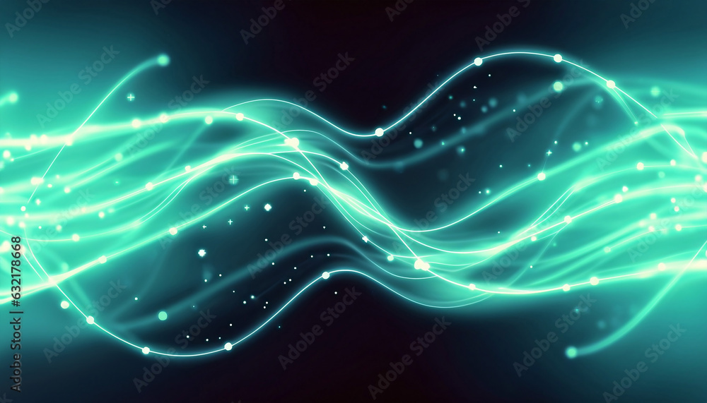 Abstract futuristic background with green neon lines glowing in ultraviolet light, and bokeh lights.