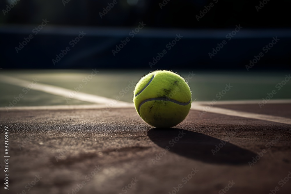Dirty green tennis ball abandoned on dark tennis court outdoor, close up view.