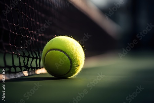 Detail view of bright yellow tennis ball on hard tennis court near tennis net closeup. © Bonsales