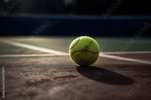 Dirty green tennis ball abandoned on dark tennis court outdoor, close up view. © Bonsales
