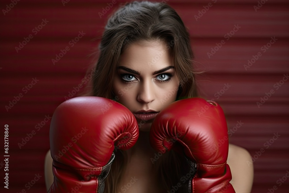 Portrait of beautiful young woman with red boxing gloves on red background, banner, ai generative