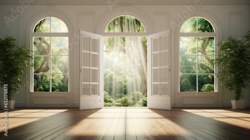 An open door leading to a bright room with natural light.