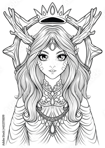 coloring page of beautiful elf girl, fantasy coloring book