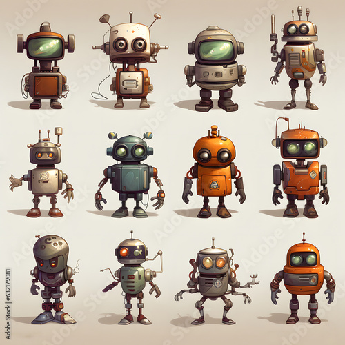 Set of robots in a cartoon style.