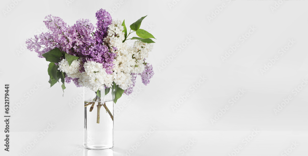 Obraz premium Glass vase with beautiful fragrant lilac flowers on white background, banner design