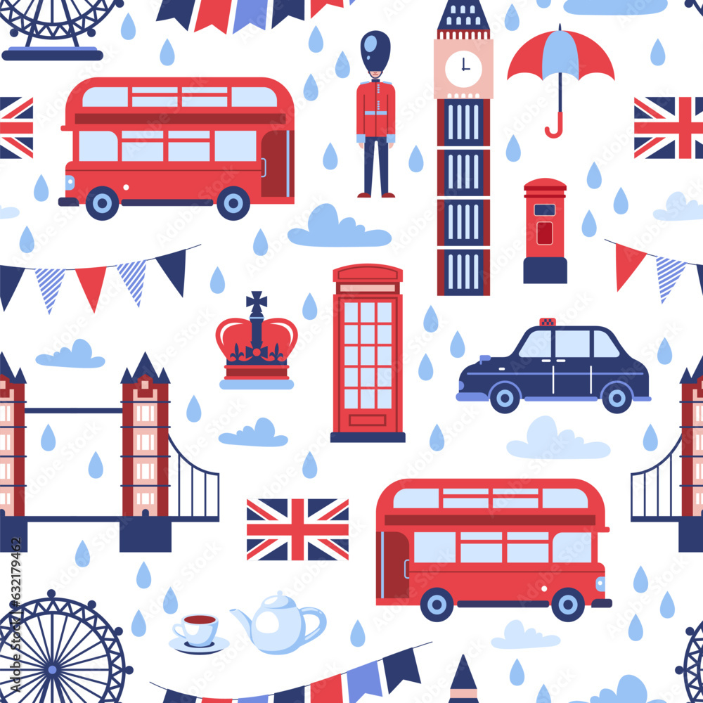 London landmarks seamless pattern. Vector flat cartoon illustration. Great Britain national symbols London landmarks seamless pattern. Vector flat cartoon illustration. Great Britain national symbols