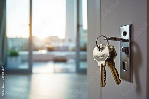 Keys hanging on a door, representing the keys to a new home or property photo