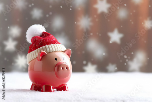 A cute piggy bank in a snowy winter scene, all dressed up for Christmas photo