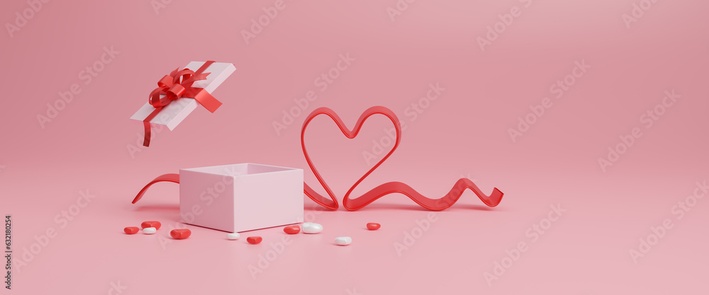 Empty Surprise open gift box with red ribbon and heart on pink background. Party, Shopping poster. Valentine's Day, Mothers day, birthday and Christmas concept. Greeting card, romantic. 3d rendering - obrazy, fototapety, plakaty 