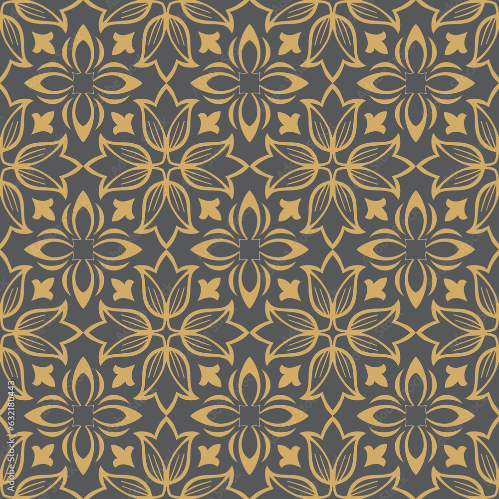Geometric floral seamless patterns. dark gray and gold vector backgrounds. Damask graphic ornaments
