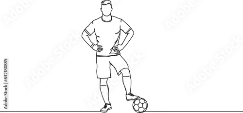 continuous single line drawing of soccer player with foot on ball, line art vector illustration