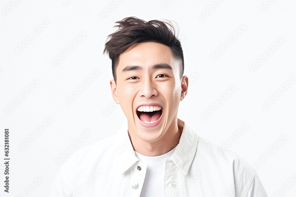 Happy handsome man laugh with open mouth show white teeth, wearing white shirt background happy face smiling looking at the camera. Positive person. Generative AI. Happy handsome man laugh with open mouth show white teeth, wearing white shirt background happy face smiling looking at the camera. Positive person. Generative AI.