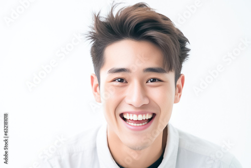 Happy handsome man laugh with open mouth show white teeth, wearing white shirt background happy face smiling looking at the camera. Positive person. Generative AI. © Surachetsh