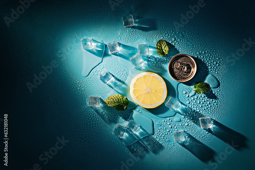 Creative summer composition with lemon slice, mint leaves, can of soda and ice cubes. Minimal lemonade drink concept.