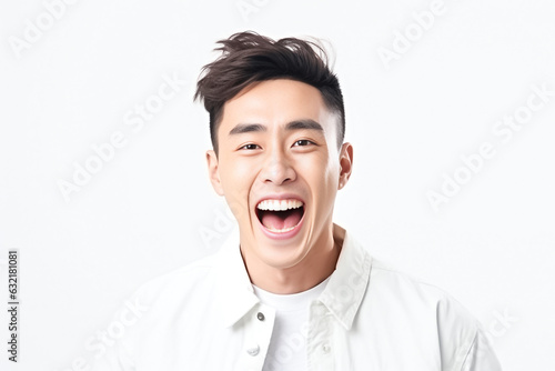 Happy handsome man laugh with open mouth show white teeth, wearing white shirt background happy face smiling looking at the camera. Positive person. Generative AI.