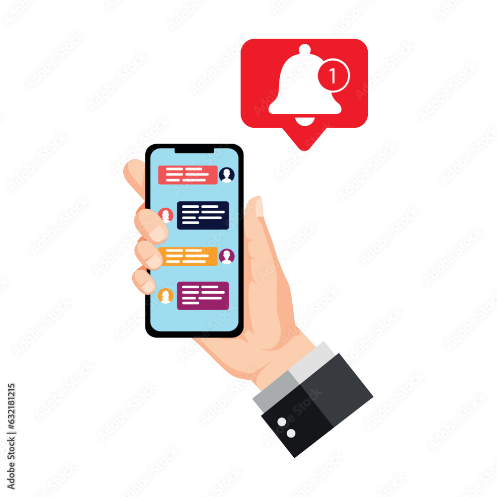 vector of human hand holding cell phone and bell notification vector of human hand holding cell phone and bell notification