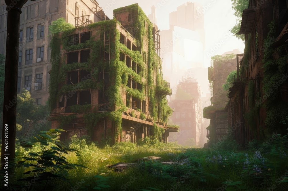 post apocalyptic city overgrown with lush vegetation, Generative AI