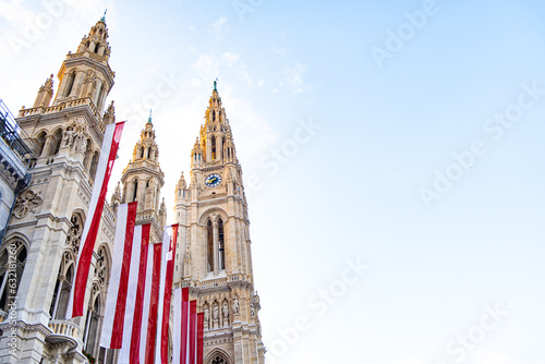 Canvas Print Many flags of Austria on the building of the town hall Rathaus in Vienna