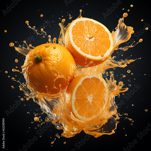 Oranges splashing on the water over a black background