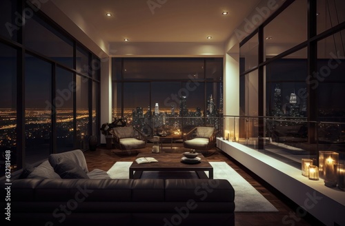 illustration of luxury penthouse at night, Generative AI